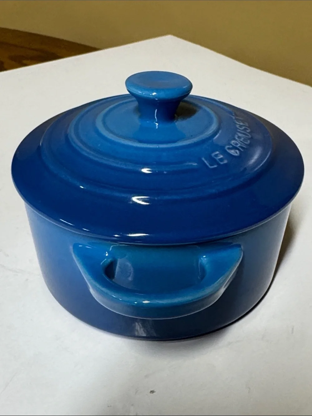 Le Creuset Mini Round Cocotte Marseille Blue Stoneware with Lid 8 oz